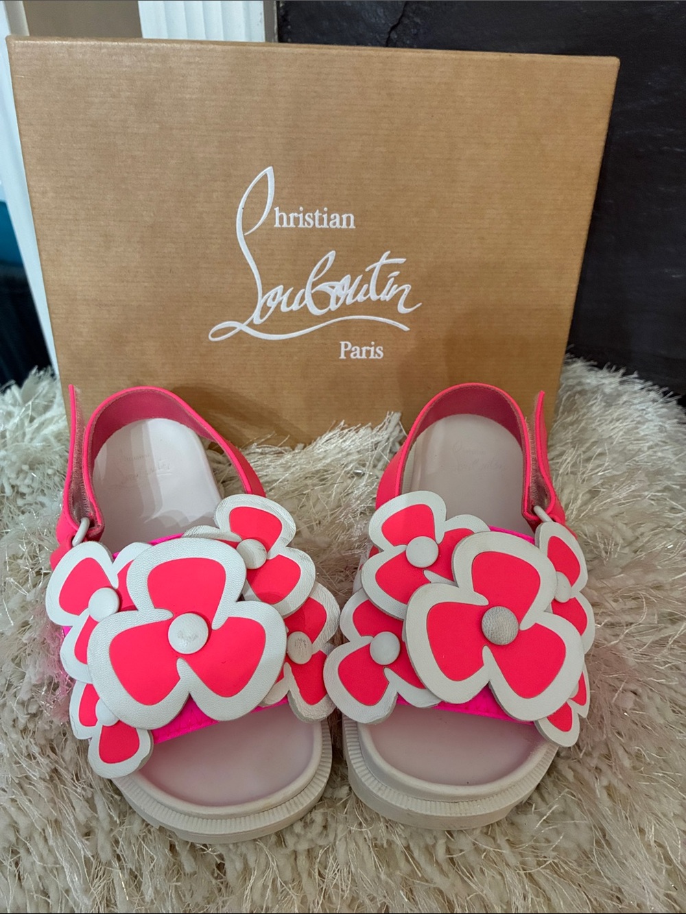Christian Louboutin Kids Hot Pink and White Floral Sandals